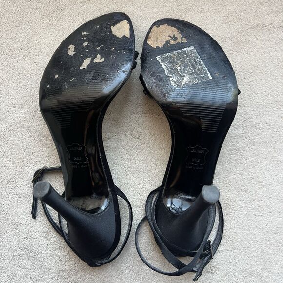 Stuart Weitzman Black Satin Embellished High Heel Strappy Sandals Women 8 Chic - Picture 11 of 16